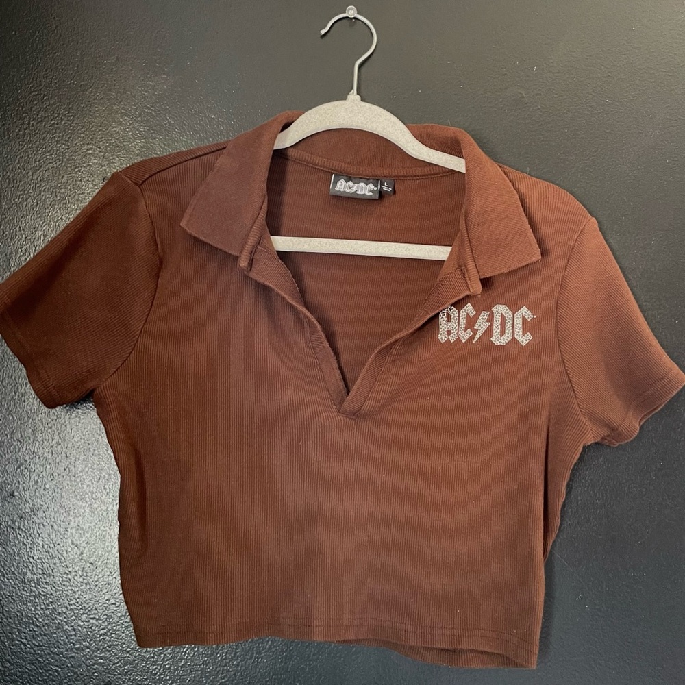 AC/DC Band Graphic Cropped Collared Shirt with Cheetah Print Logo